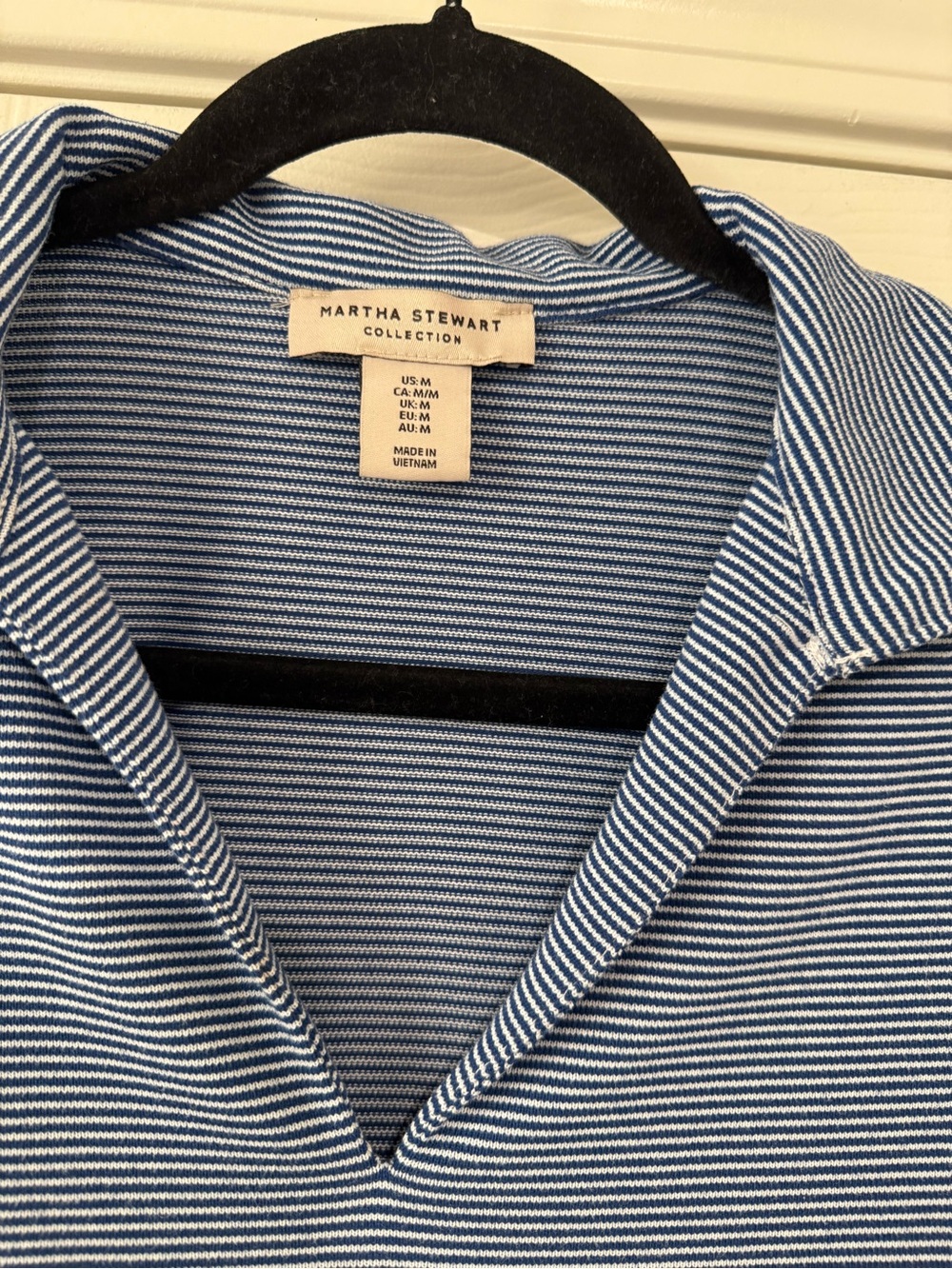 Martha Stewart Blue and White Microstripe Collared V-Neck Top - Picture 2 of 3